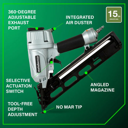 Nail gun with features highlighted on a green background