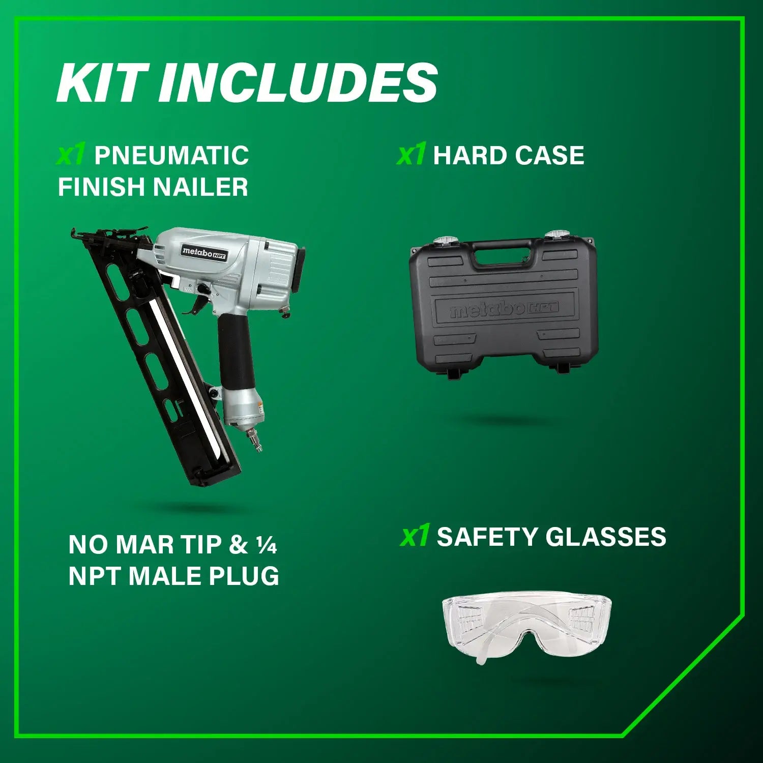 Kit contents including a pneumatic finish nailer, hard case, and safety glasses on a green background.