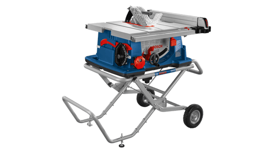 A cordless blue and red Bosch table saw