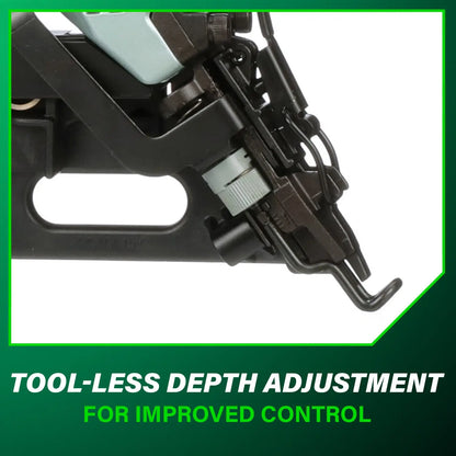 Close-up of a tool with text 'Tool-less Depth Adjustment for Improved Control' on a green border.