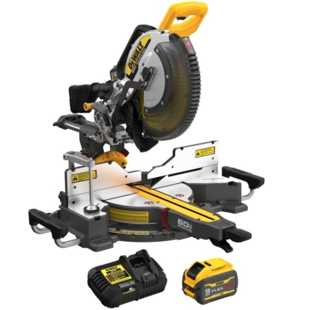 Yellow DEWALT sliding miter saw kit with battery and charger